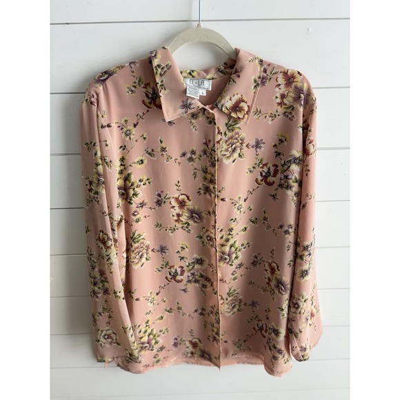 EL LA Design Tops - EL LA Design Floral Print Button Up Shirt Women L Pink Long Sleeve Reversible